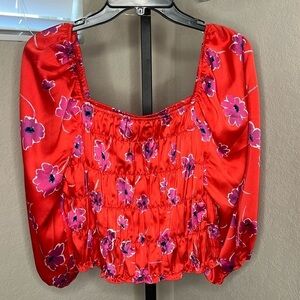 088 - Sanctuary NWT Red Floral Satiny Top with Flowers, Size Medium